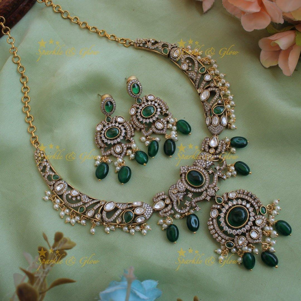 Statement Elephant floral design gutta pusalu victorian AD short necklace with green beads and stones - Sparkle and Glow