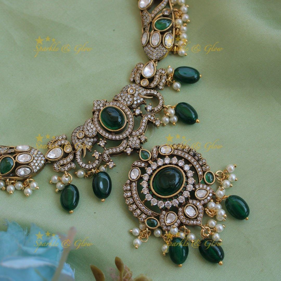 Statement Elephant floral design gutta pusalu victorian AD short necklace with green beads and stones - Sparkle and Glow