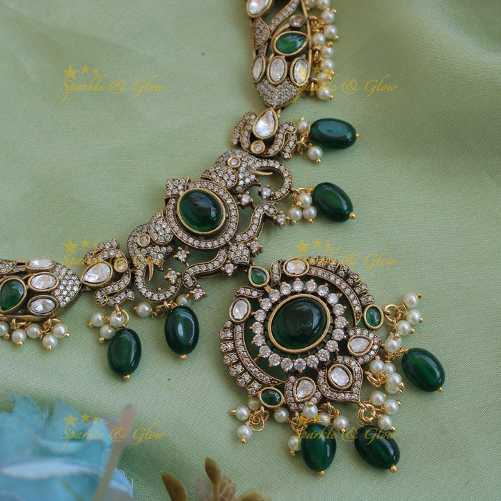 Statement Elephant floral design gutta pusalu victorian AD short necklace with green beads and stones - Sparkle and Glow