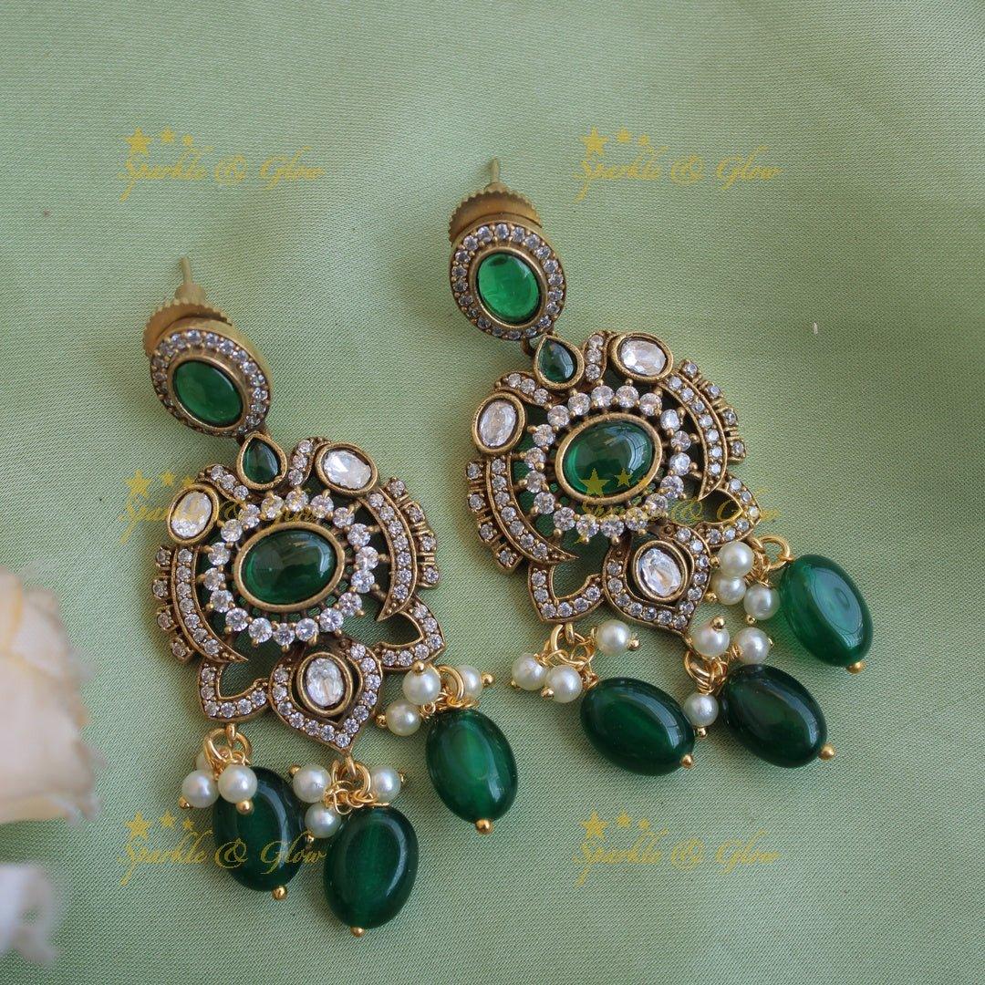 Statement Elephant floral design gutta pusalu victorian AD short necklace with green beads and stones - Sparkle and Glow