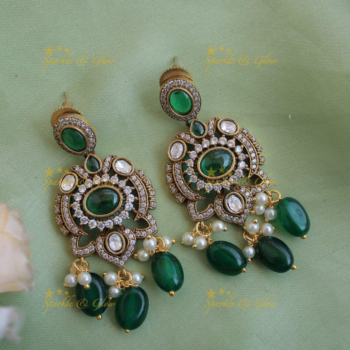 Statement Elephant floral design gutta pusalu victorian AD short necklace with green beads and stones - Sparkle and Glow