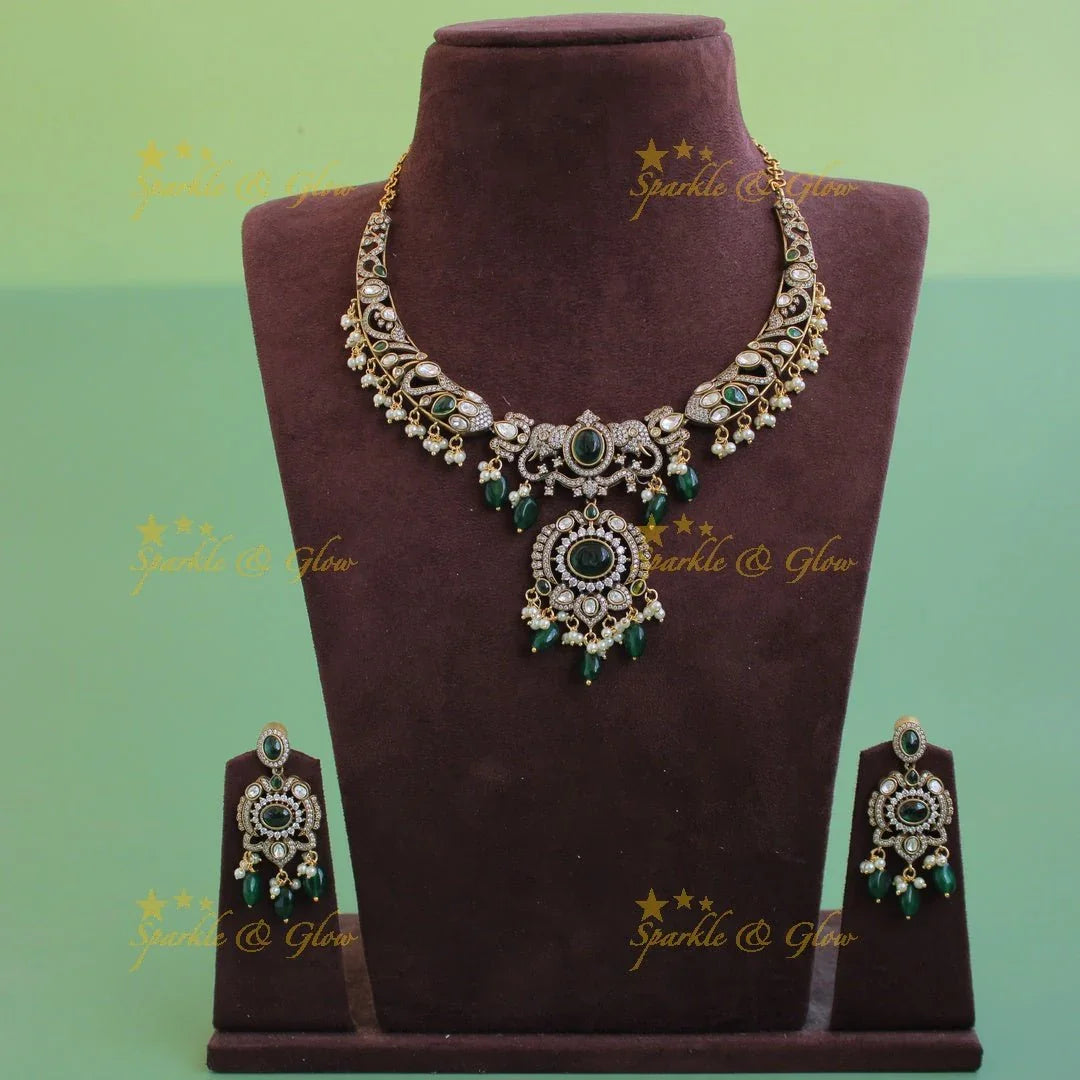 Statement Elephant floral design gutta pusalu victorian AD short necklace with green beads and stones - Sparkle and Glow
