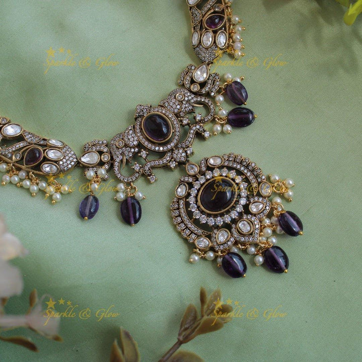 Statement Elephant floral design gutta pusalu victorian AD short necklace with green beads and stones - Sparkle and Glow