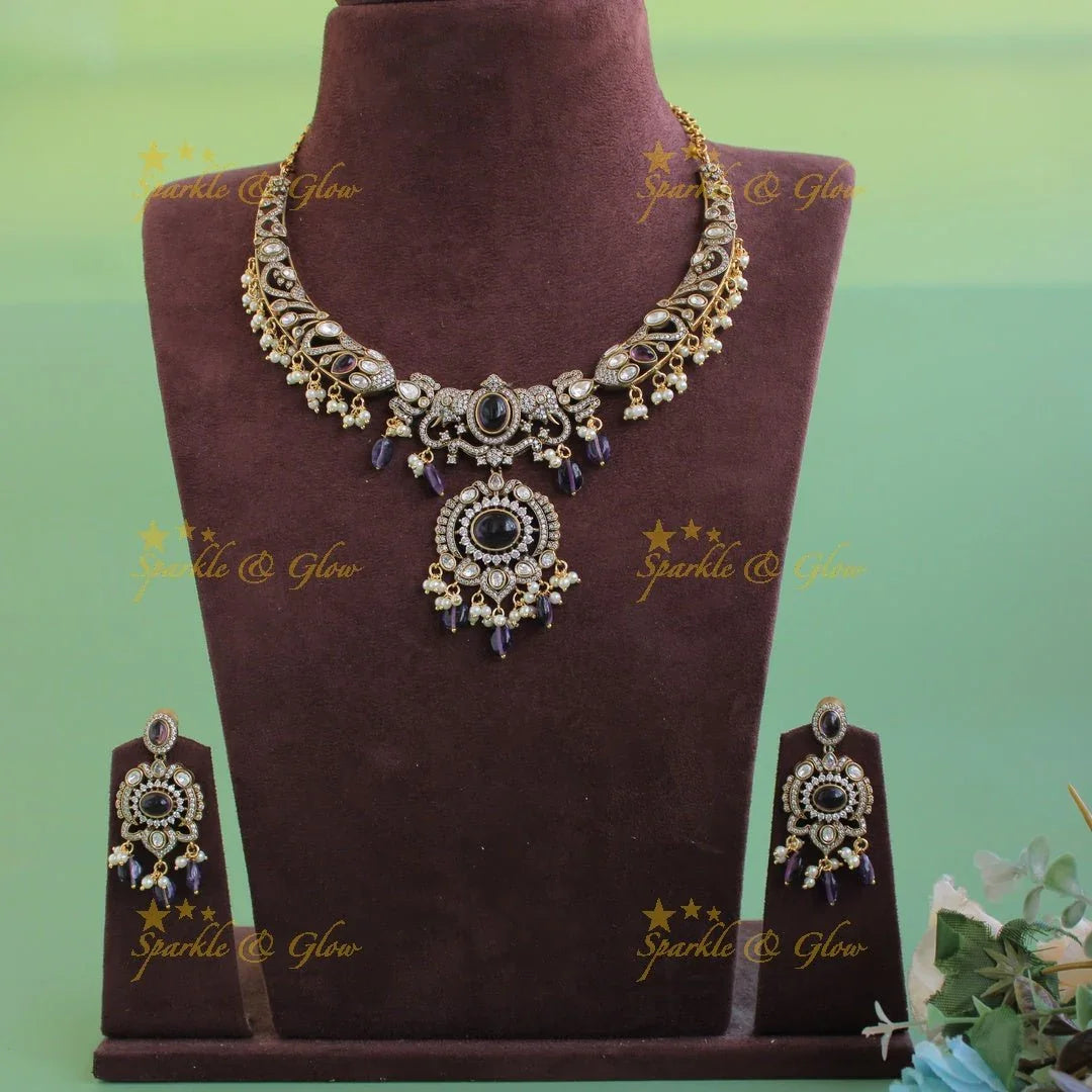 Statement Elephant floral design gutta pusalu victorian AD short necklace with green beads and stones - Sparkle and Glow
