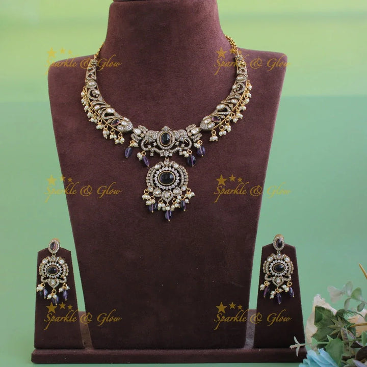 Statement Elephant floral design gutta pusalu victorian AD short necklace with green beads and stones - Sparkle and Glow