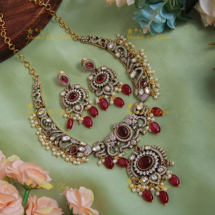 Statement Elephant floral design gutta pusalu victorian AD short necklace with green beads and stones - Sparkle and Glow