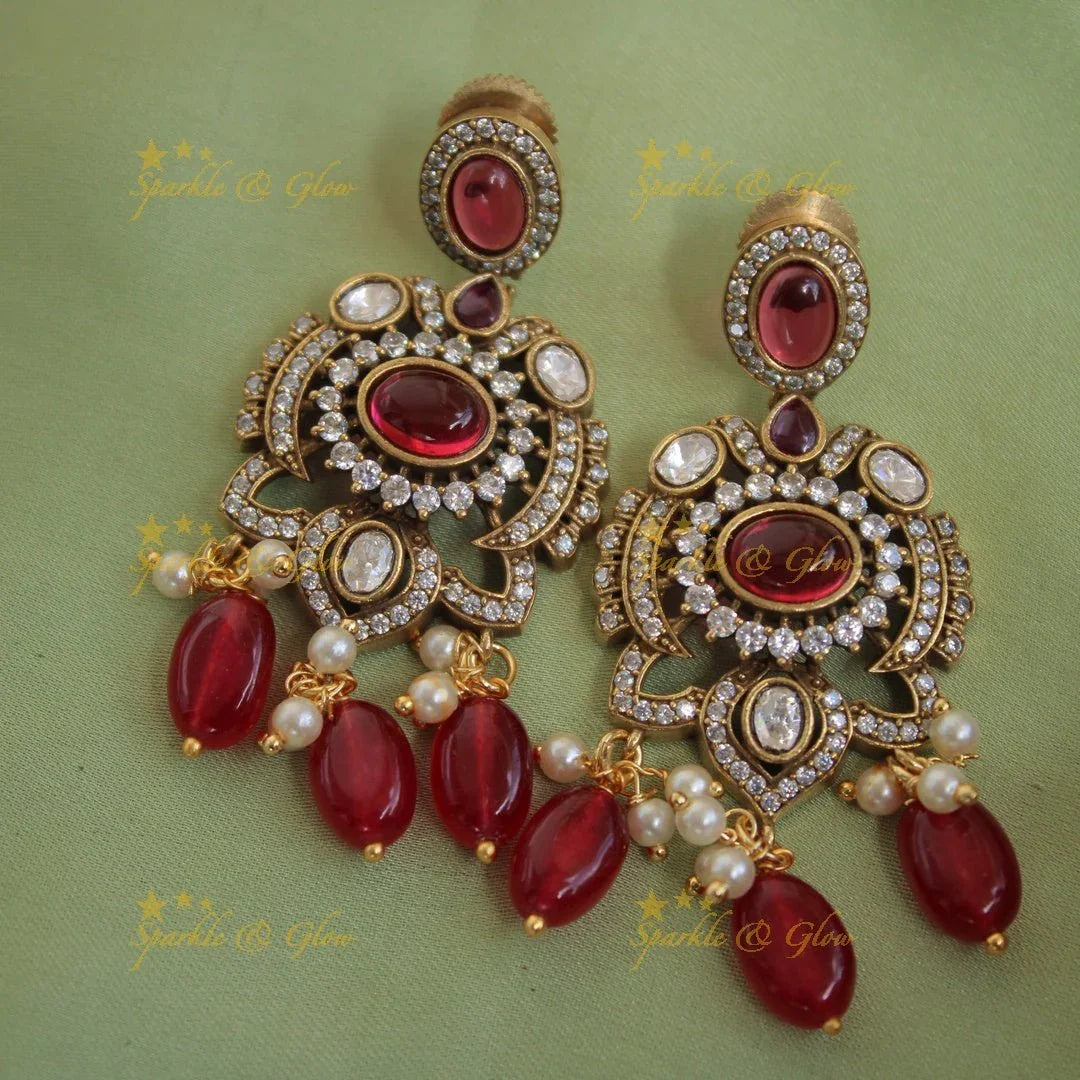 Statement Elephant floral design gutta pusalu victorian AD short necklace with green beads and stones - Sparkle and Glow