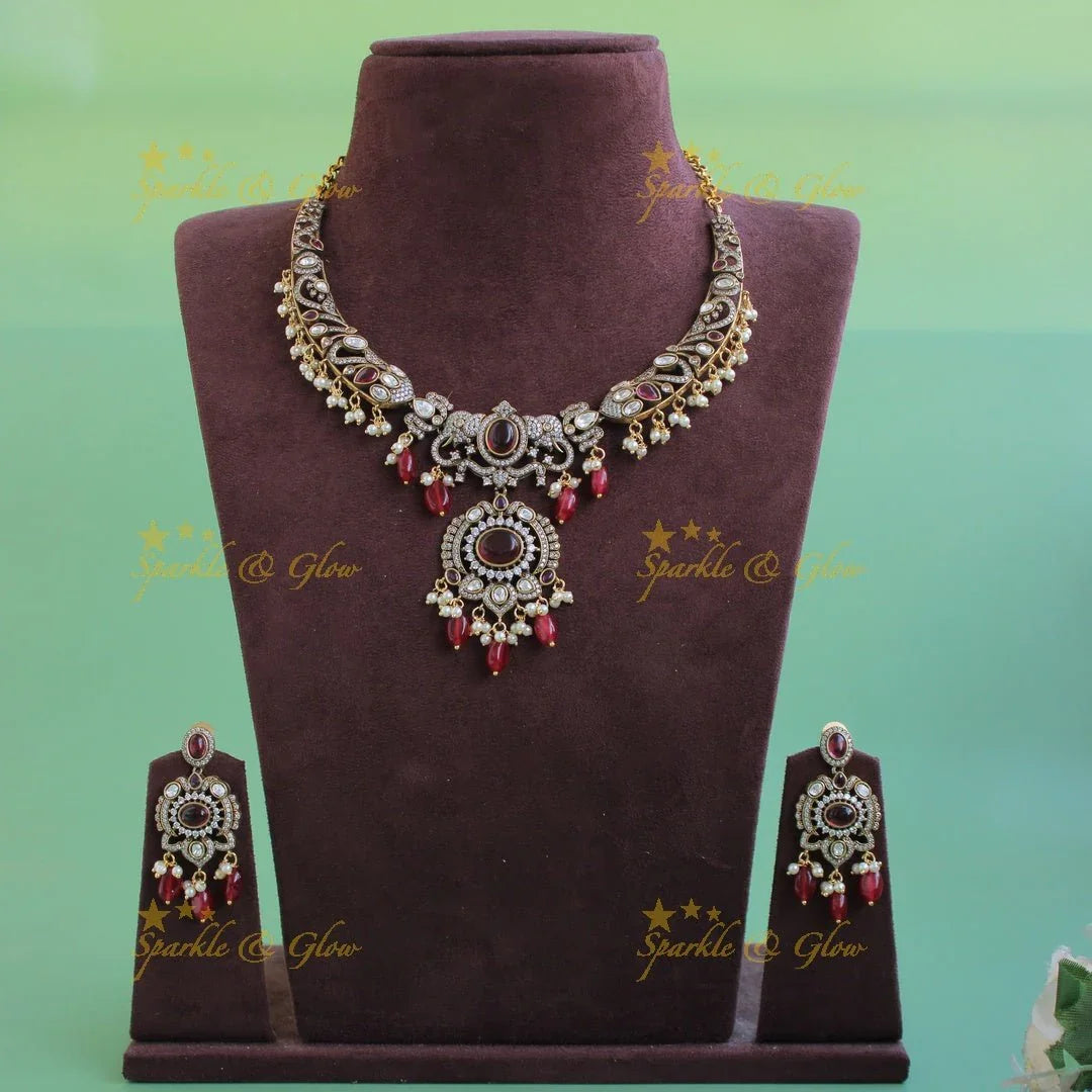 Statement Elephant floral design gutta pusalu victorian AD short necklace with green beads and stones - Sparkle and Glow