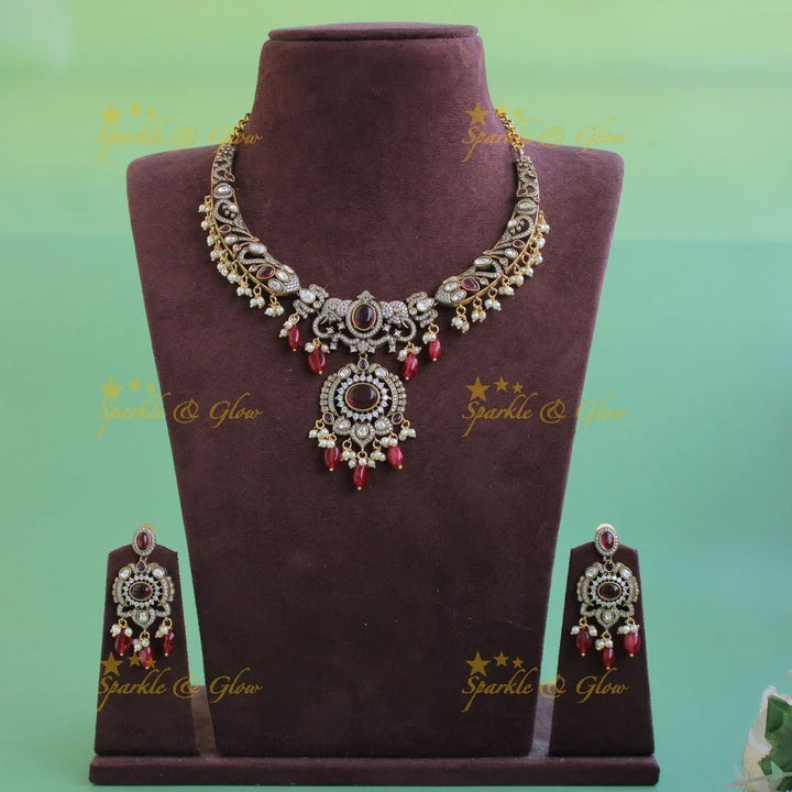 Statement Elephant floral design gutta pusalu victorian AD short necklace with green beads and stones - Sparkle and Glow