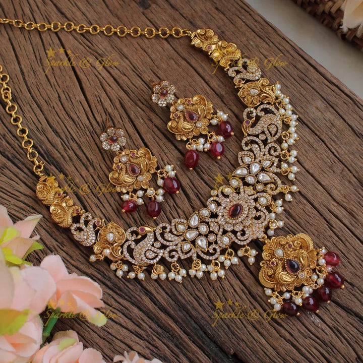 Beautiful Floral peacock carved gutta pusalu victorian AD short necklace with red beads - Sparkle and Glow