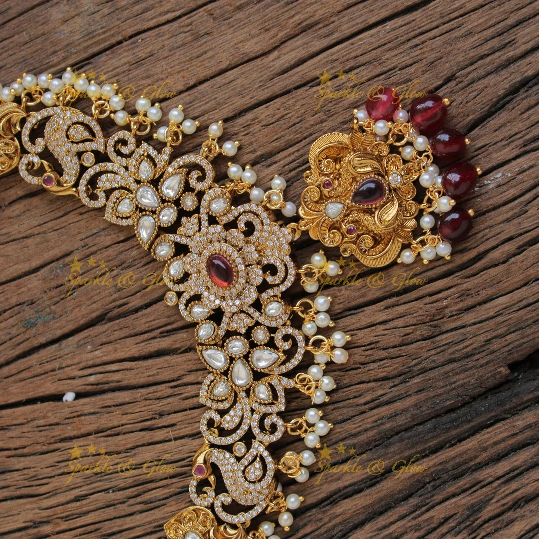 Beautiful Floral peacock carved gutta pusalu victorian AD short necklace with red beads - Sparkle and Glow