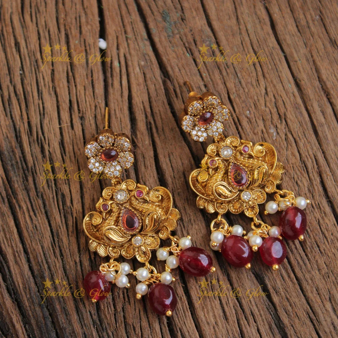 Beautiful Floral peacock carved gutta pusalu victorian AD short necklace with red beads - Sparkle and Glow