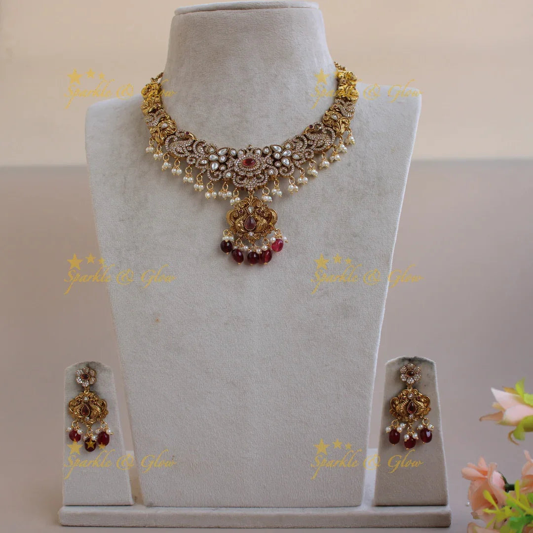 Beautiful Floral peacock carved gutta pusalu victorian AD short necklace with red beads - Sparkle and Glow