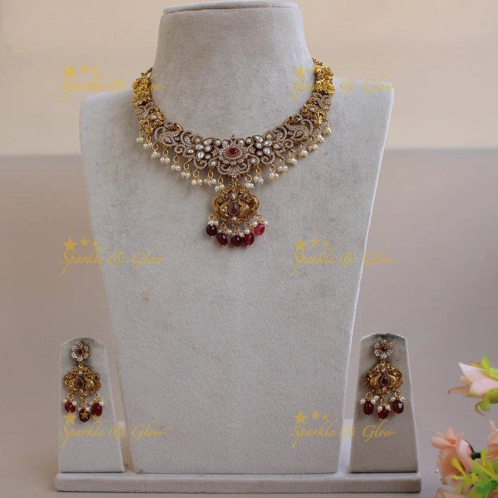 Beautiful Floral peacock carved gutta pusalu victorian AD short necklace with red beads - Sparkle and Glow