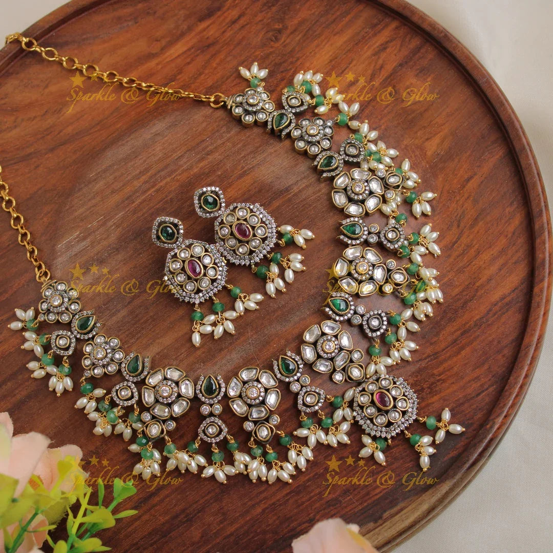 Exquisite Floral gutta pusalu victorian AD short necklace with green beads and rice pearls - Sparkle and Glow