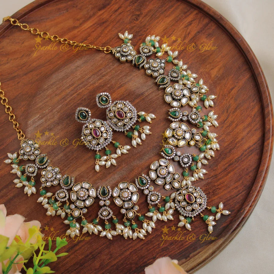Exquisite Floral gutta pusalu victorian AD short necklace with green beads and rice pearls - Sparkle and Glow