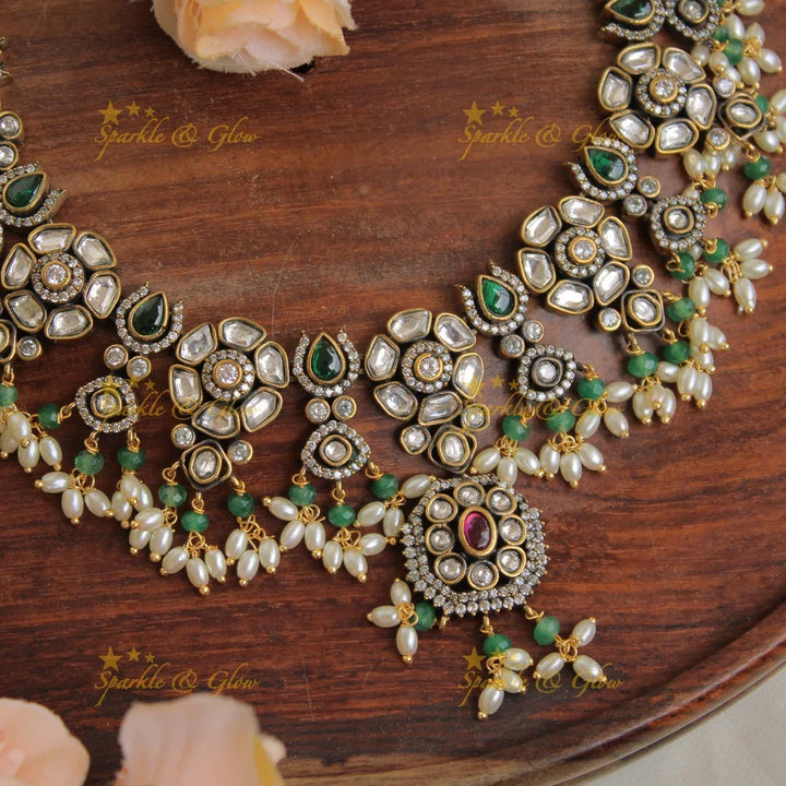Exquisite Floral gutta pusalu victorian AD short necklace with green beads and rice pearls - Sparkle and Glow