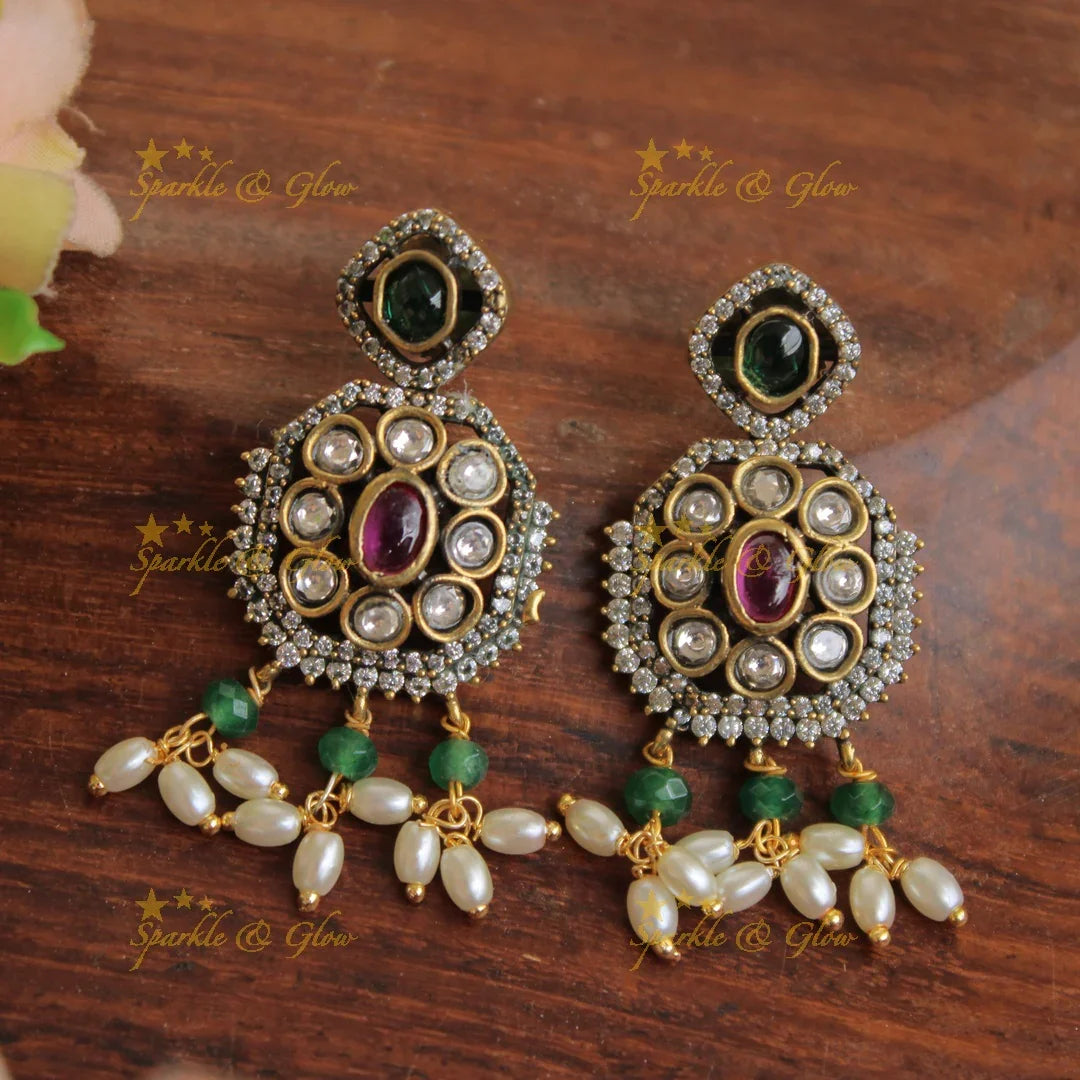 Exquisite Floral gutta pusalu victorian AD short necklace with green beads and rice pearls - Sparkle and Glow