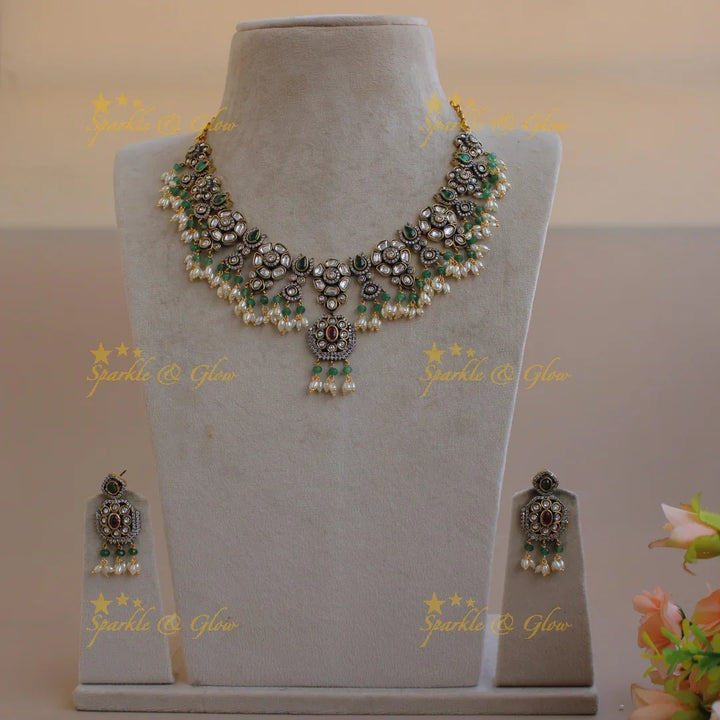 Exquisite Floral gutta pusalu victorian AD short necklace with green beads and rice pearls - Sparkle and Glow