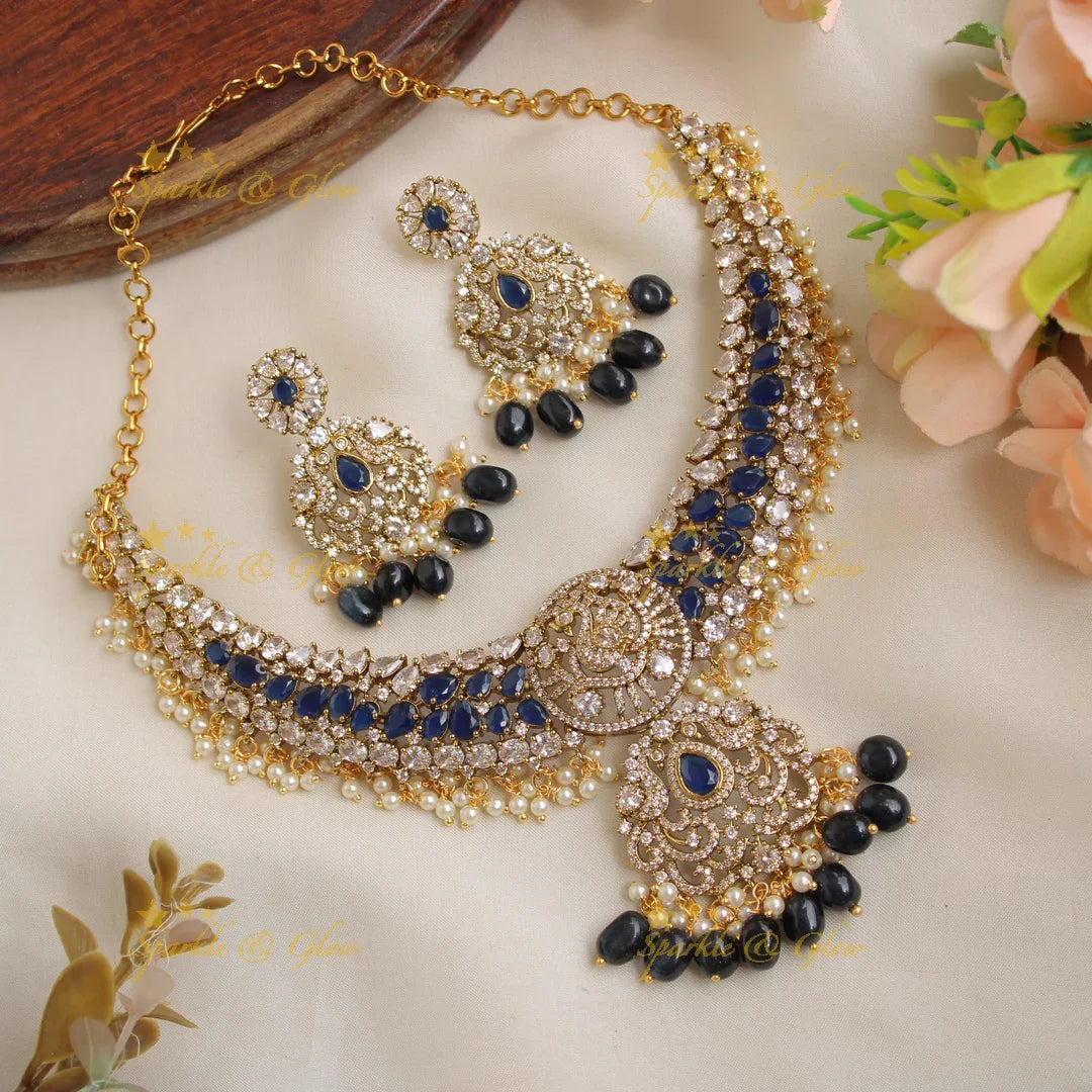 Statement Peacock gutta pusalu victorian AD short necklace with blue beads and stones - Sparkle and Glow
