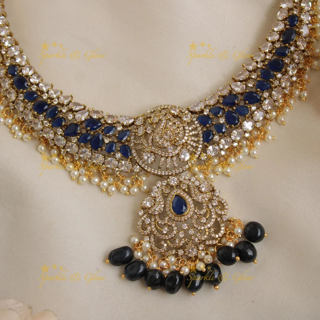 Statement Peacock gutta pusalu victorian AD short necklace with blue beads and stones - Sparkle and Glow