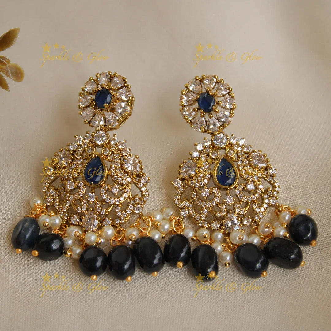 Statement Peacock gutta pusalu victorian AD short necklace with blue beads and stones - Sparkle and Glow