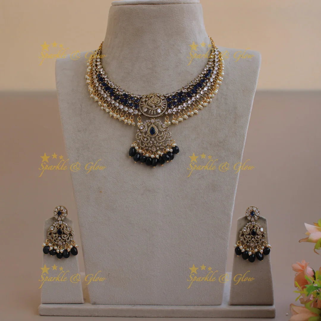 Statement Peacock gutta pusalu victorian AD short necklace with blue beads and stones - Sparkle and Glow