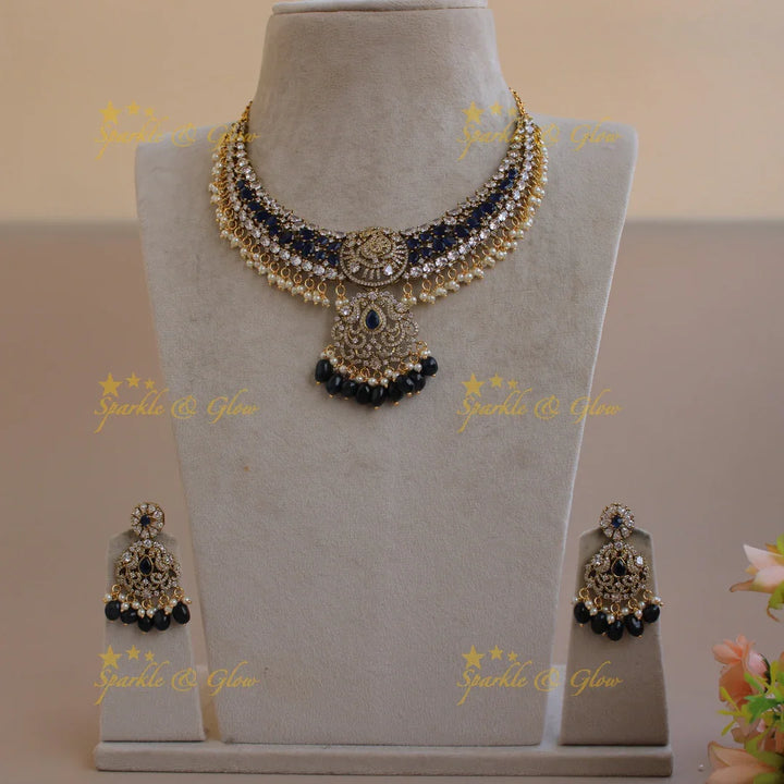 Statement Peacock gutta pusalu victorian AD short necklace with blue beads and stones - Sparkle and Glow