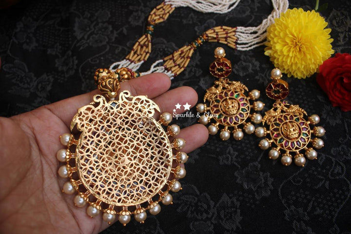 Real Kemp stones Lakshmi Pendent pearl chain - Multi - Sparkle and Glow