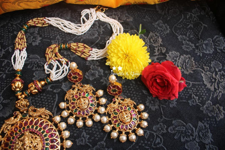 Real Kemp stones Lakshmi Pendent pearl chain - Multi - Sparkle and Glow