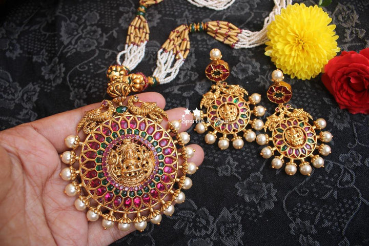 Real Kemp stones Lakshmi Pendent pearl chain - Multi - Sparkle and Glow