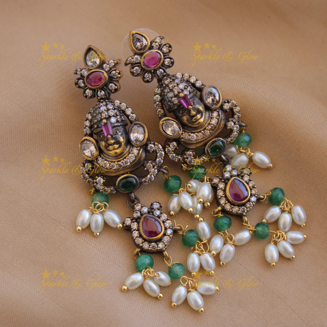Exclusive Balaji carved Victorian AD gutta pusalu haram with floral peacock drops rice pearls and mint green beads - Sparkle and Glow