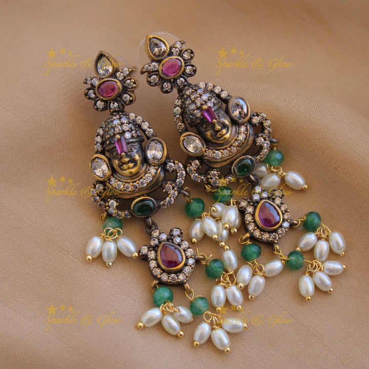 Exclusive Balaji carved Victorian AD gutta pusalu haram with floral peacock drops rice pearls and mint green beads - Sparkle and Glow