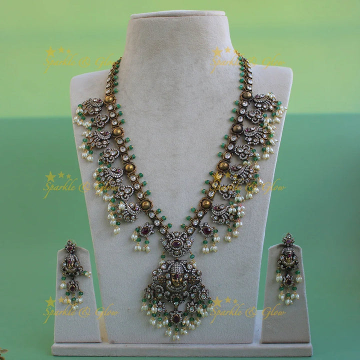 Exclusive Balaji carved Victorian AD gutta pusalu haram with floral peacock drops rice pearls and mint green beads - Sparkle and Glow