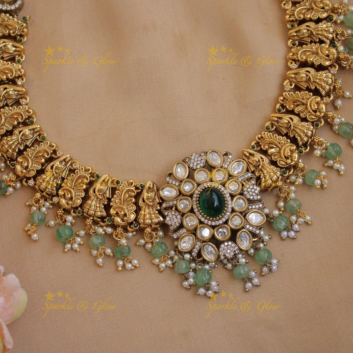 Stunning Peacock lady carved dual tone victorian AD short necklace with emerald and mint green beads - Sparkle and Glow