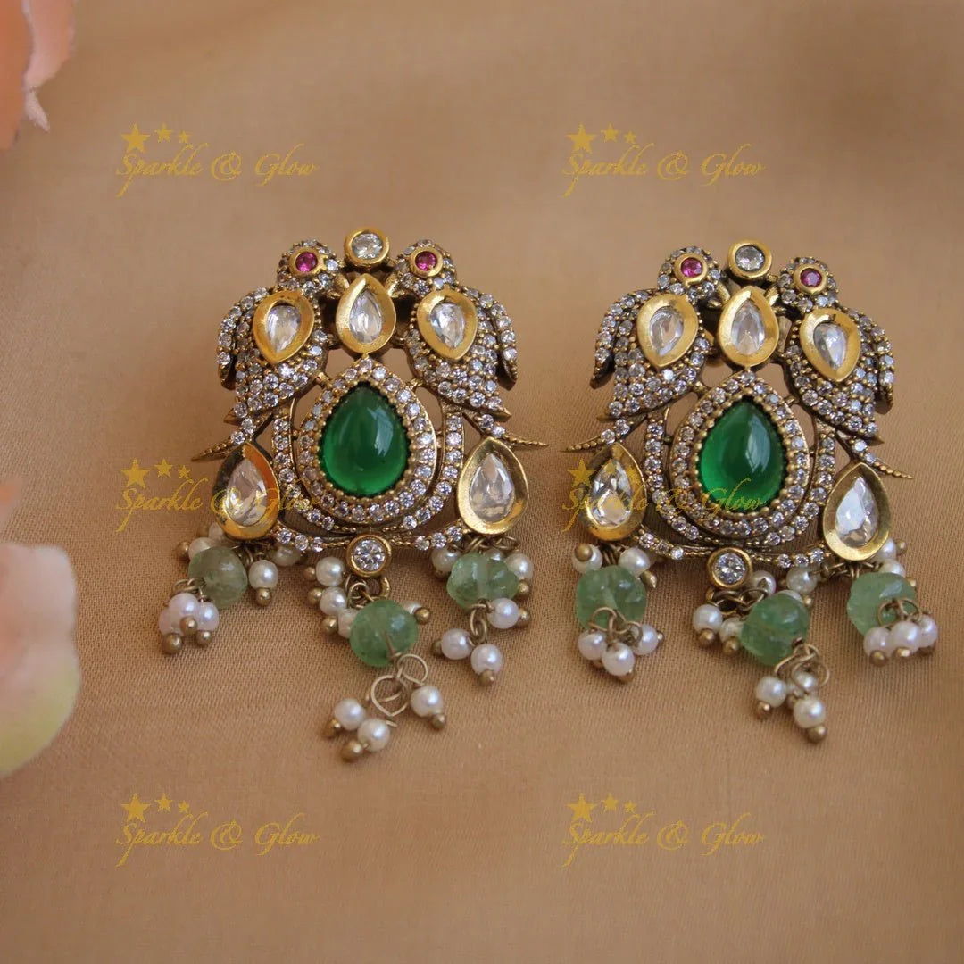 Stunning Peacock lady carved dual tone victorian AD short necklace with emerald and mint green beads - Sparkle and Glow