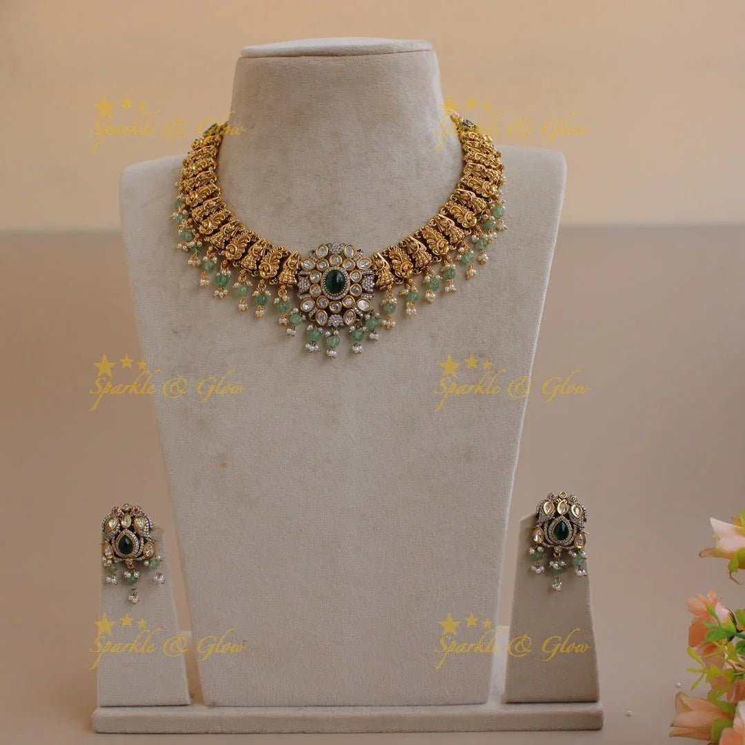 Stunning Peacock lady carved dual tone victorian AD short necklace with emerald and mint green beads - Sparkle and Glow