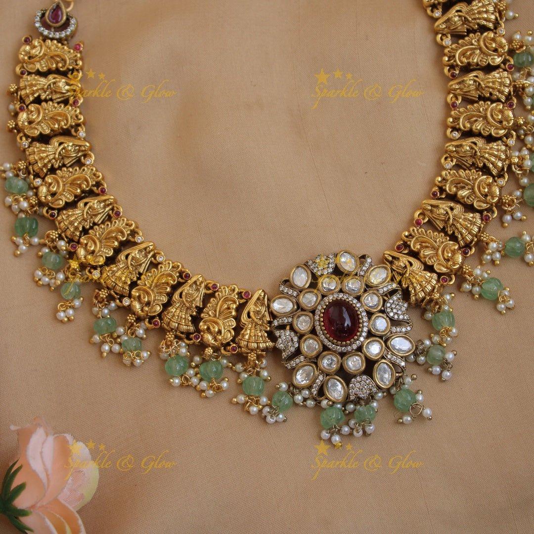 Stunning Peacock lady carved dual tone victorian AD short necklace with emerald and mint green beads - Sparkle and Glow