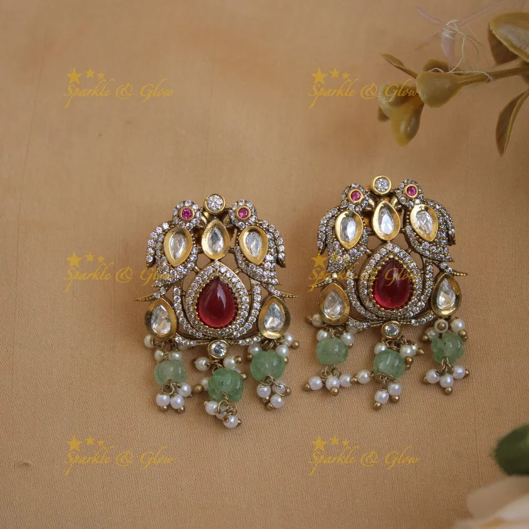 Stunning Peacock lady carved dual tone victorian AD short necklace with emerald and mint green beads - Sparkle and Glow