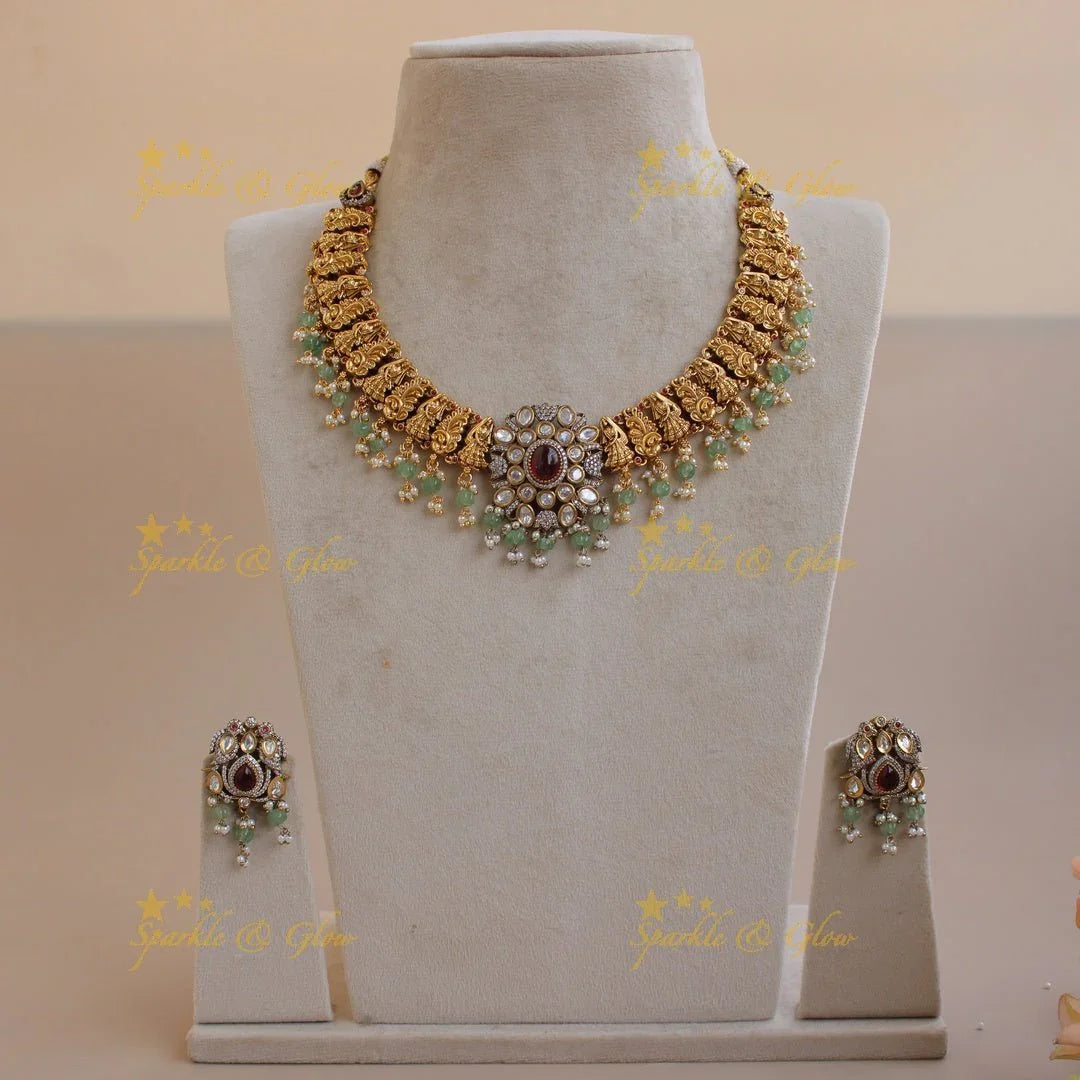 Stunning Peacock lady carved dual tone victorian AD short necklace with emerald and mint green beads - Sparkle and Glow