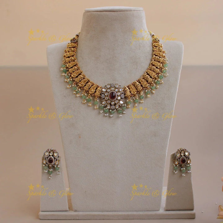 Stunning Peacock lady carved dual tone victorian AD short necklace with emerald and mint green beads - Sparkle and Glow