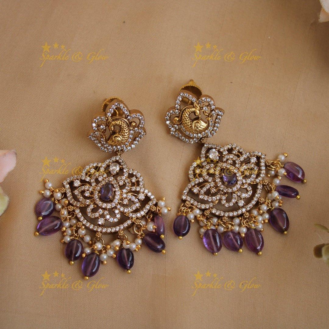 Exclusive Lakshmi peacock carved floral dual tone victorian AD short necklace with purple beads - Sparkle and Glow