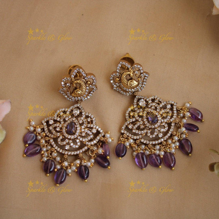 Exclusive Lakshmi peacock carved floral dual tone victorian AD short necklace with purple beads - Sparkle and Glow