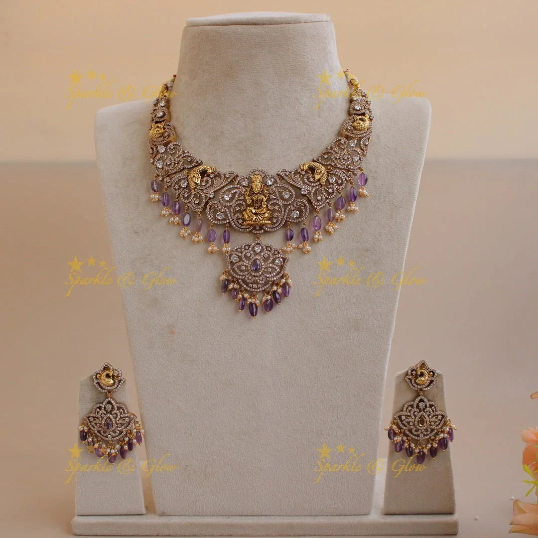 Exclusive Lakshmi peacock carved floral dual tone victorian AD short necklace with purple beads - Sparkle and Glow