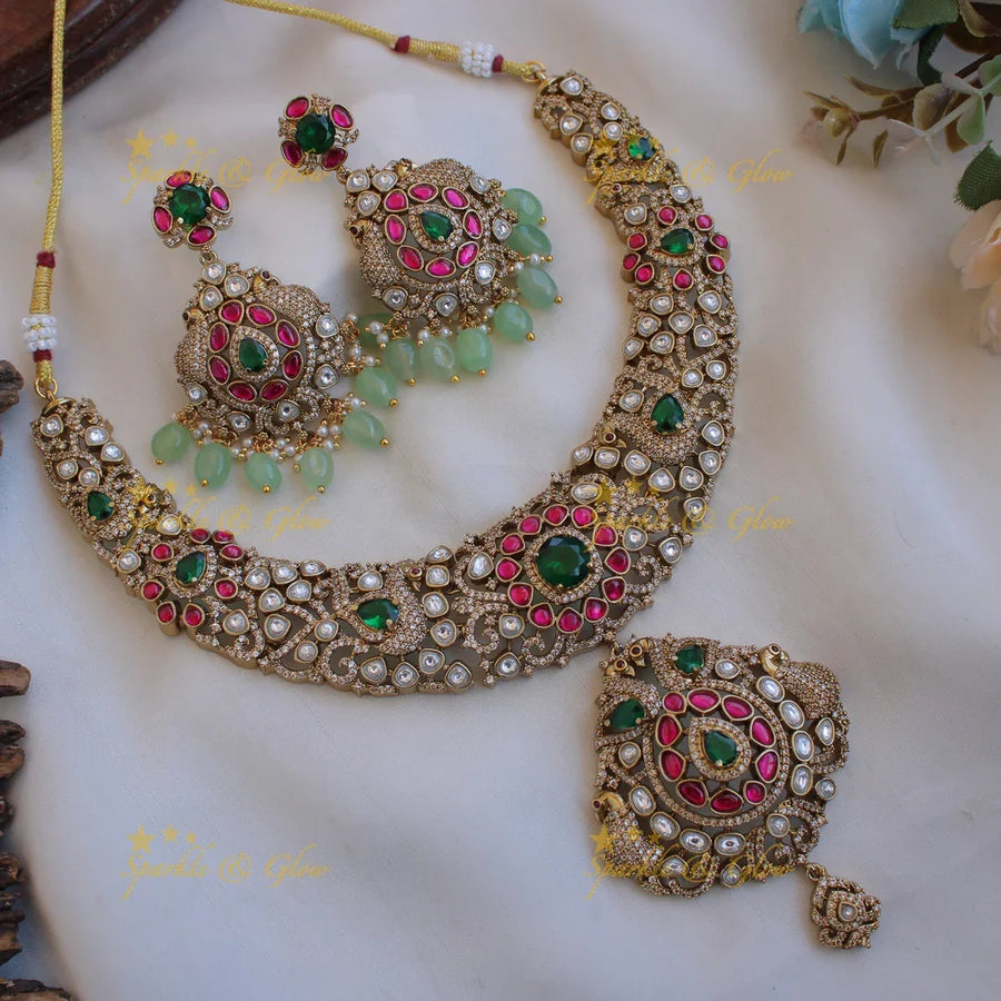 Beautiful Peacock floral design victorian AD short necklace with emerald and mint green beads - Sparkle and Glow