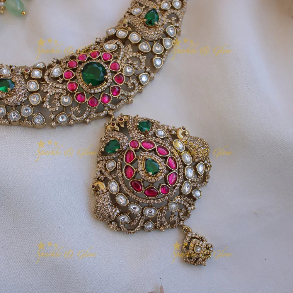 Beautiful Peacock floral design victorian AD short necklace with emerald and mint green beads - Sparkle and Glow