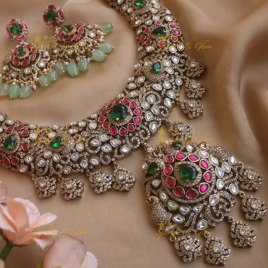 Grand intricate Peacock floral design Victorian AD long necklace with ruby emerald and mint green beads - Sparkle and Glow