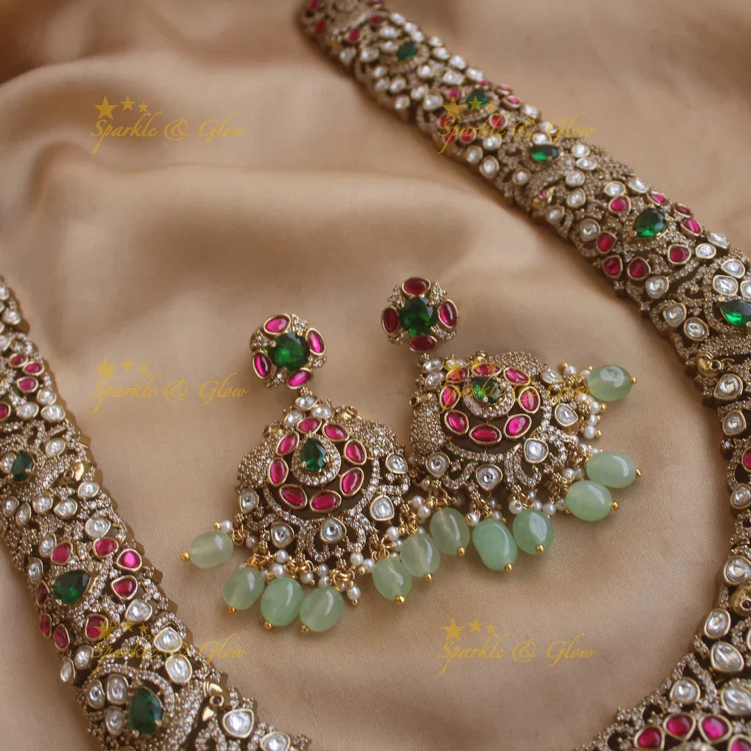 Grand intricate Peacock floral design Victorian AD long necklace with ruby emerald and mint green beads - Sparkle and Glow