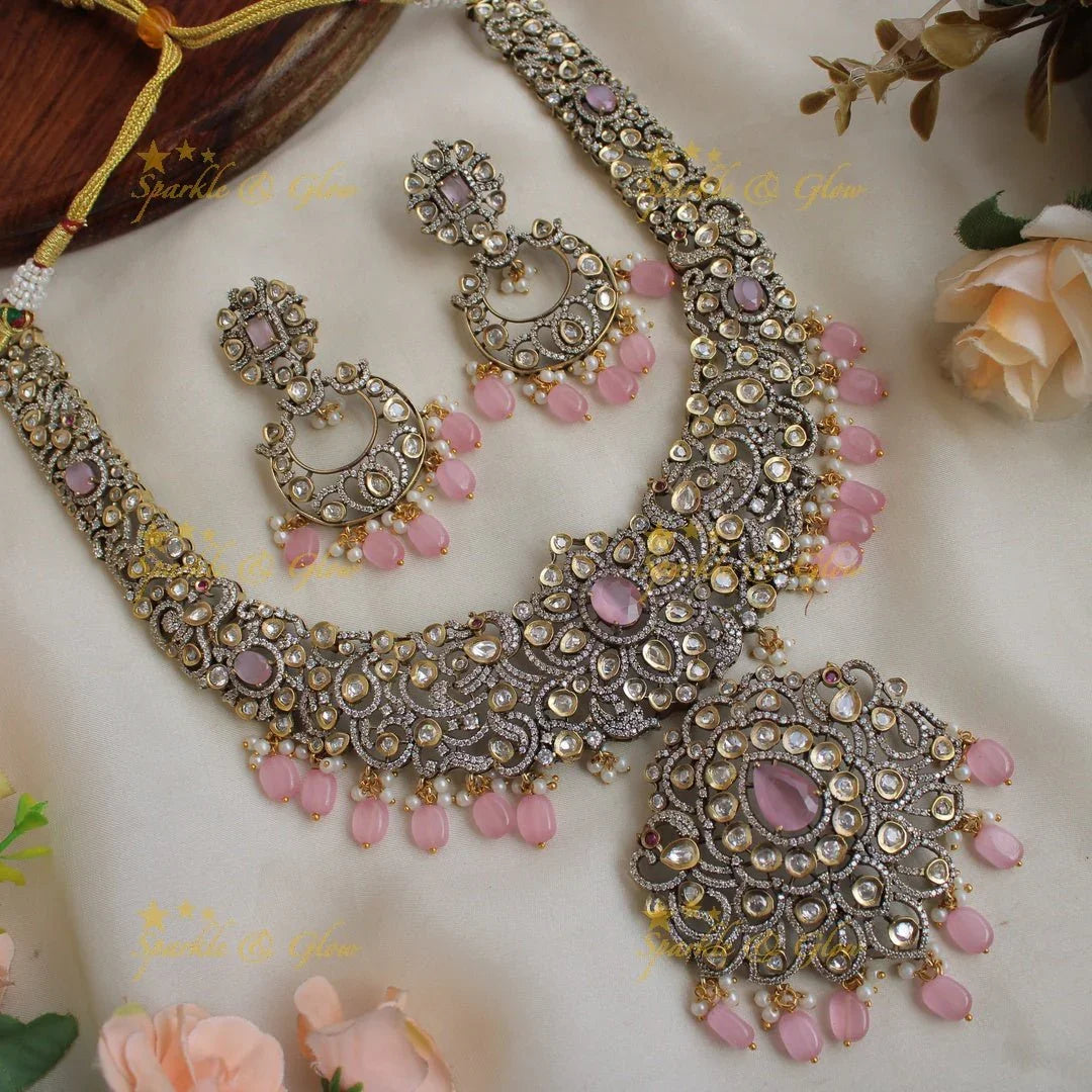 Grand Peacock floral design Victorian AD long necklace with baby pink beads and stones - Sparkle and Glow