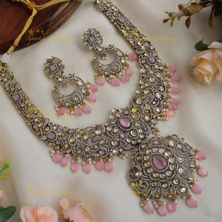 Grand Peacock floral design Victorian AD long necklace with baby pink beads and stones - Sparkle and Glow